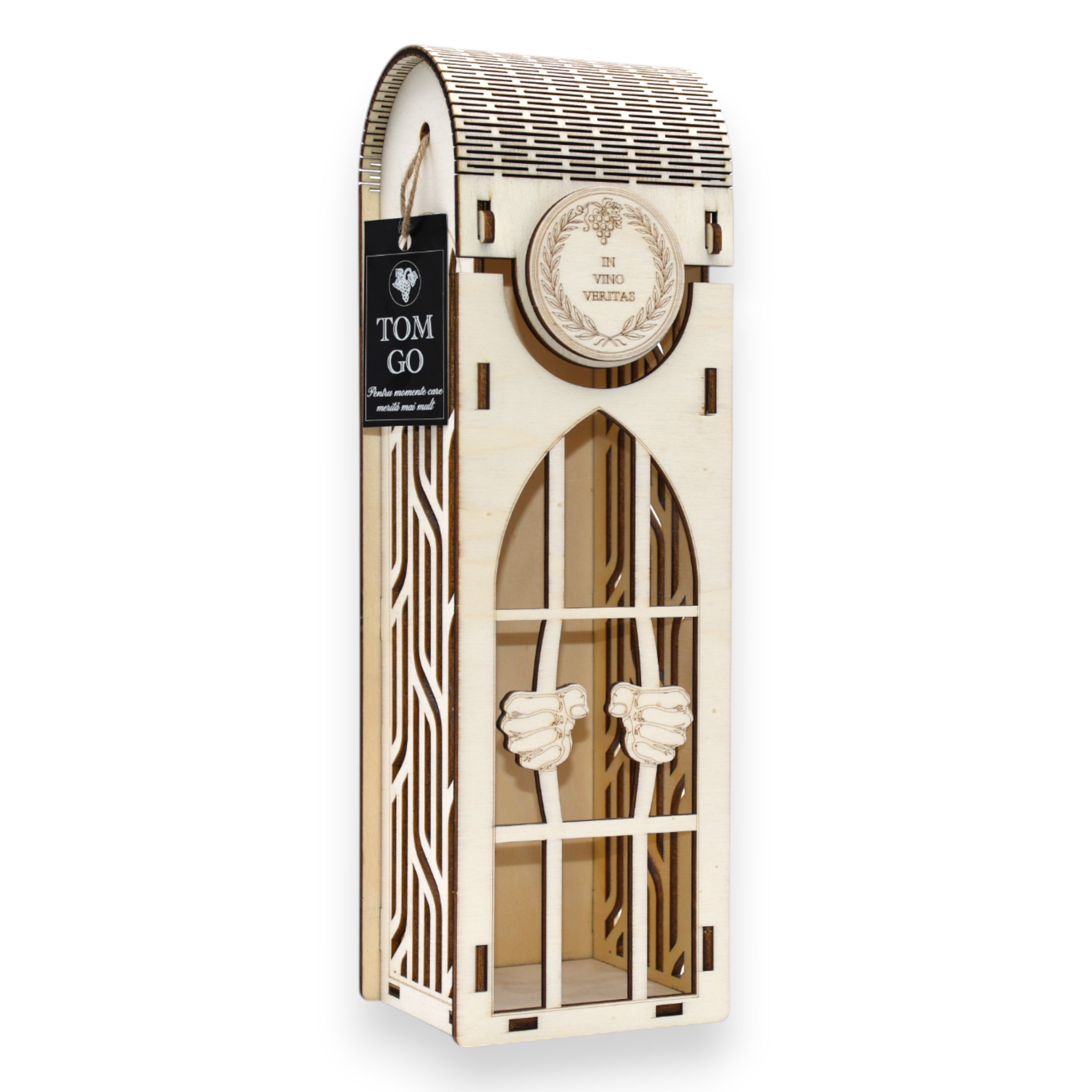 Cutie din lemn cu design tip închisoare, cu gratii și mâini 3D, ideală pentru un cadou creativ cu vin