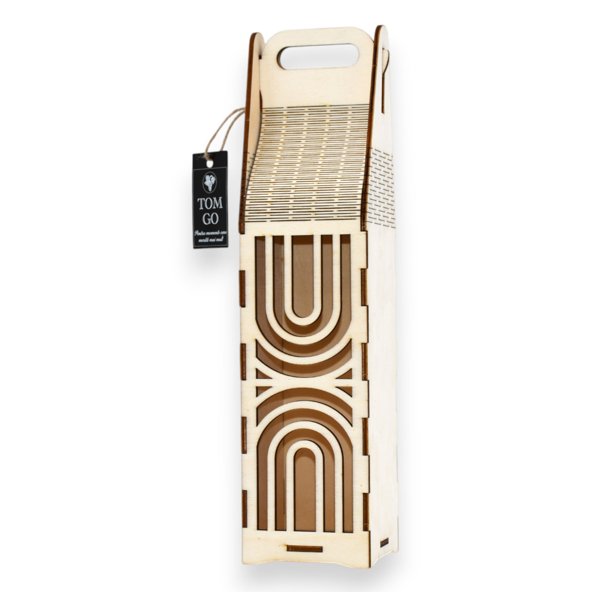 Ambalaj de vin premium din lemn de plop cu decupaj laser, stil geometric decorativ și mâner integrat


