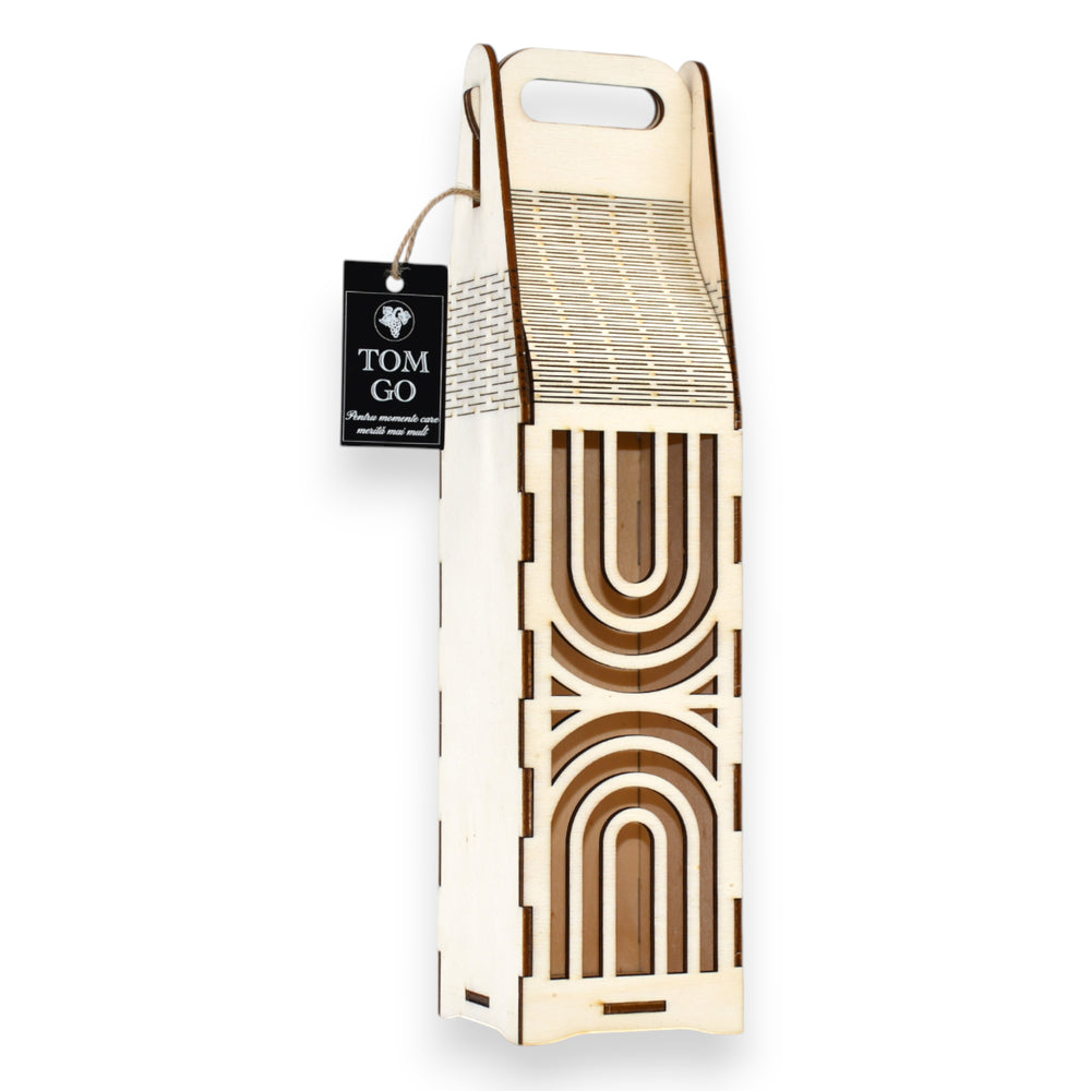 Cutie din lemn natur pentru vin, cu mâner și capac decupat, ideală pentru cadouri elegante