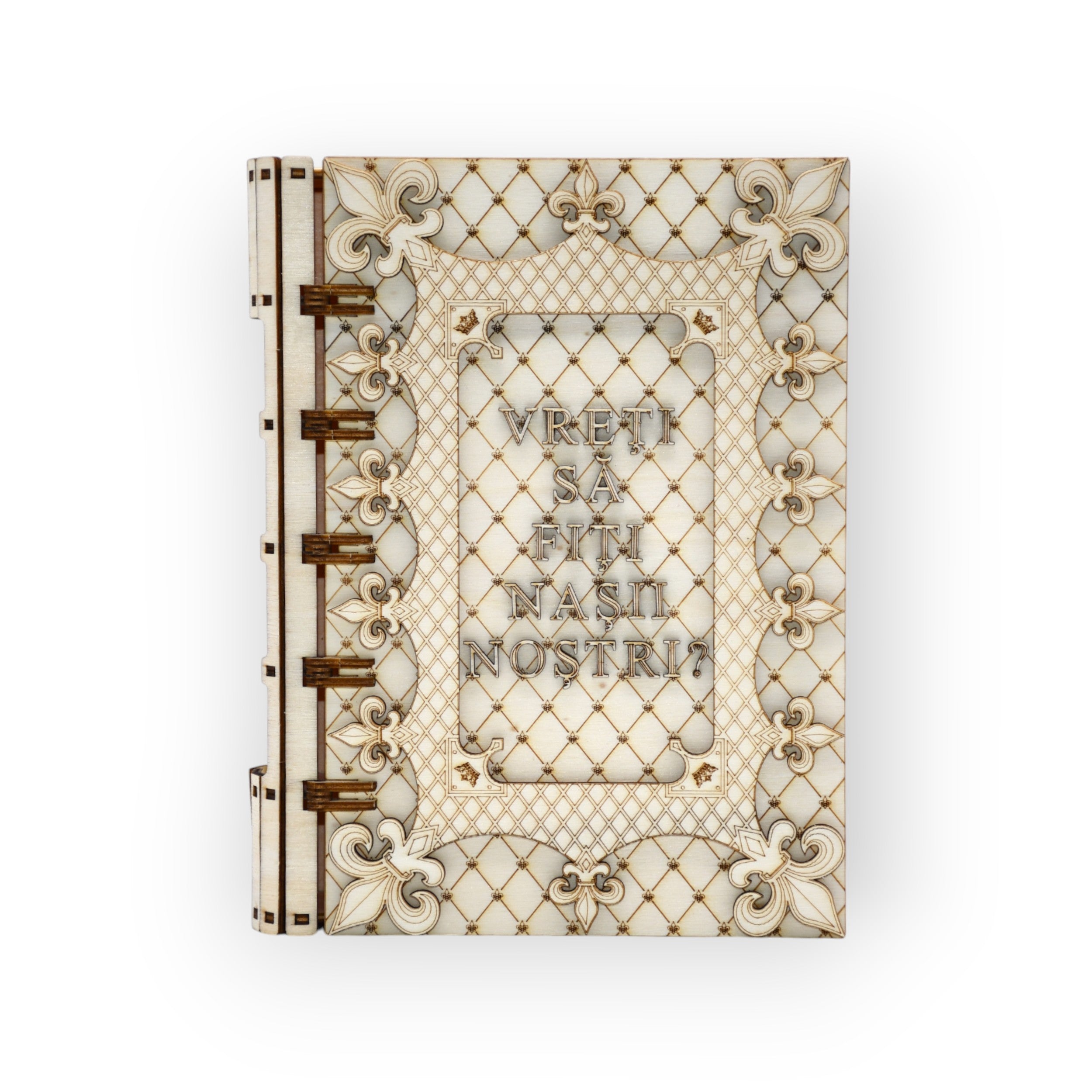 cutie lemn tip carte personalizată „Vreți să fiți nașii noștri?” – vedere frontală