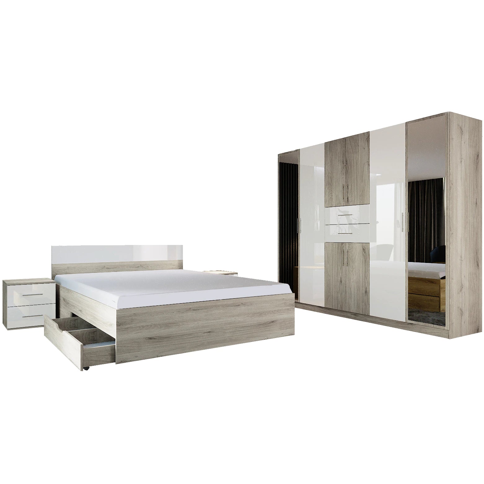 Set Mobila Dormitor Irim Marisa , Pat 160x200 cm, Dulap, 2 Noptiere, Culoare Sonoma/Alb