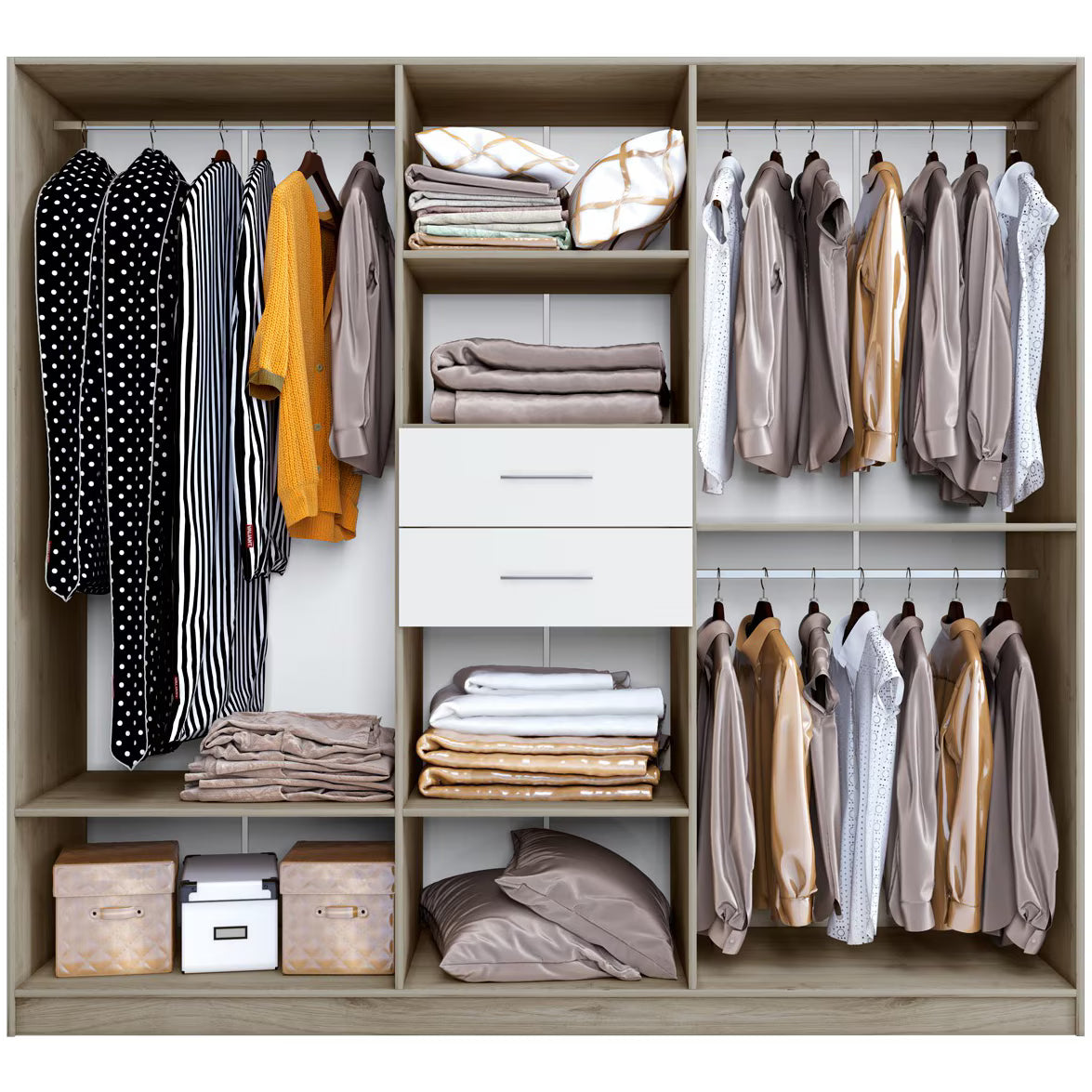 Set Mobila Dormitor Irim Marisa , Pat 160x200 cm, Dulap, 2 Noptiere, Culoare Sonoma/Alb