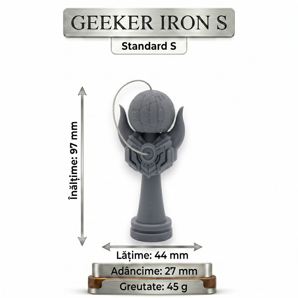Tom GEEKER IRON S kendama, gri, cu design inspirat de armură, pentru precizie și control.