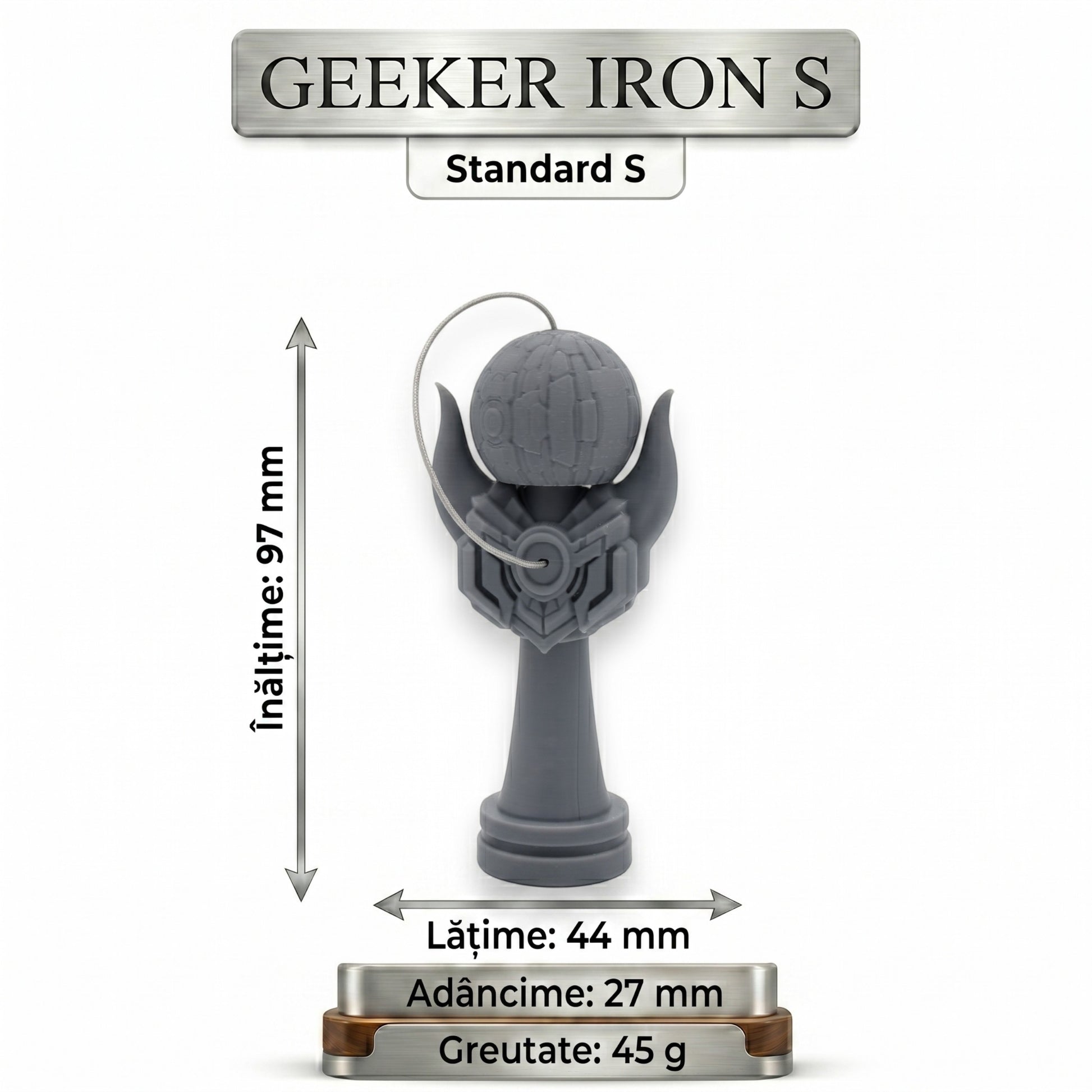Tom GEEKER IRON S kendama, gri, cu design inspirat de armură, pentru precizie și control.