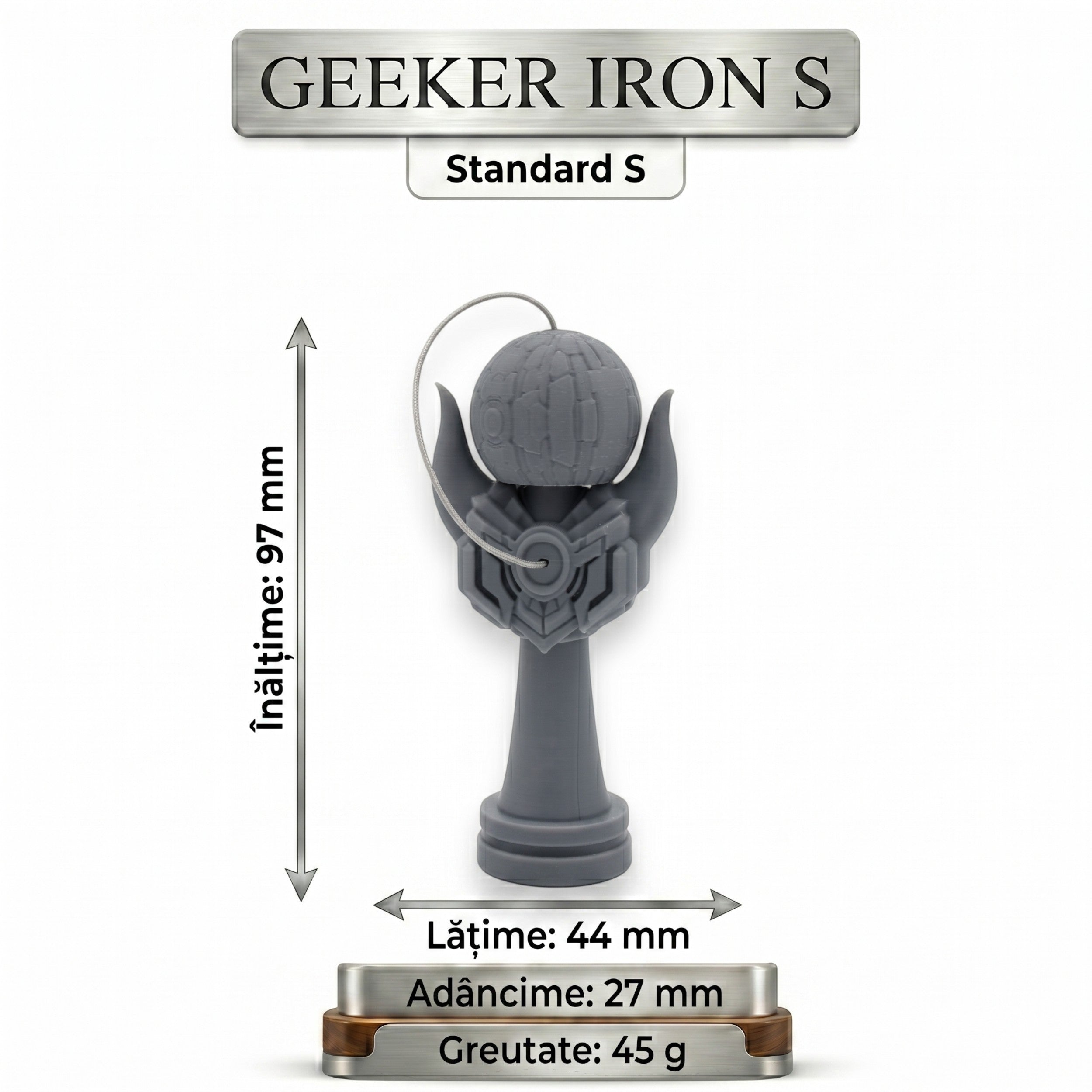 Tom GEEKER IRON S kendama, gri, cu design inspirat de armură, pentru precizie și control.