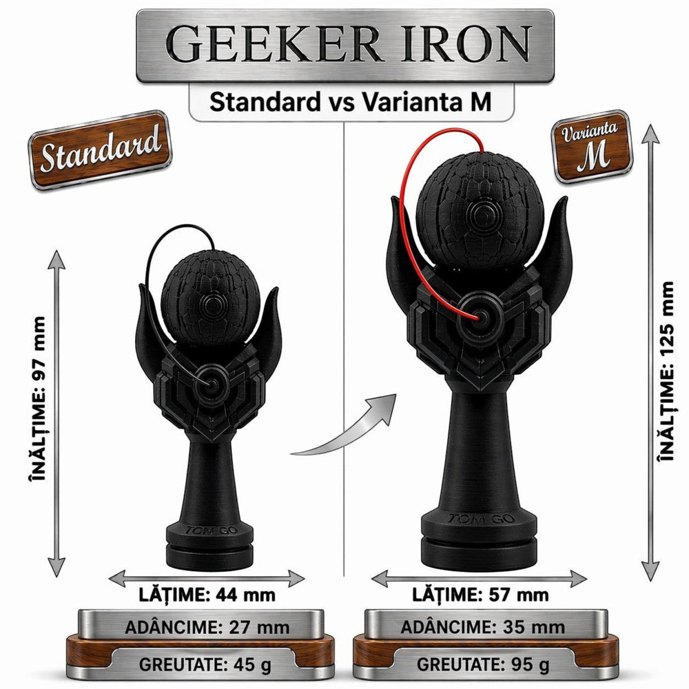Tom GO Geeker Iron M kendama, black, with red string, detailed design, comparison with standard model.