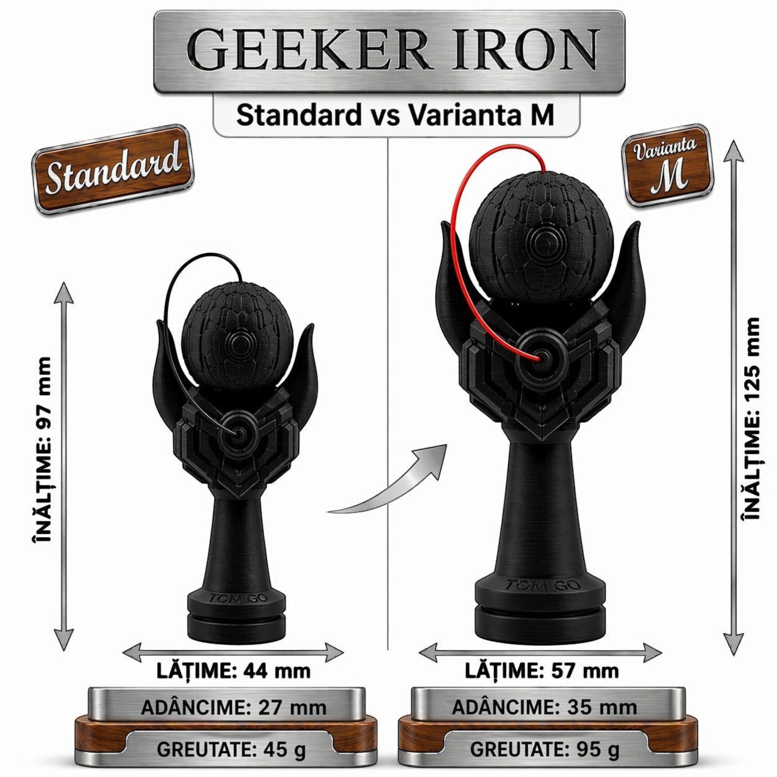 Tom GO Geeker Iron M kendama, black, with red string, detailed design, comparison with standard model.
