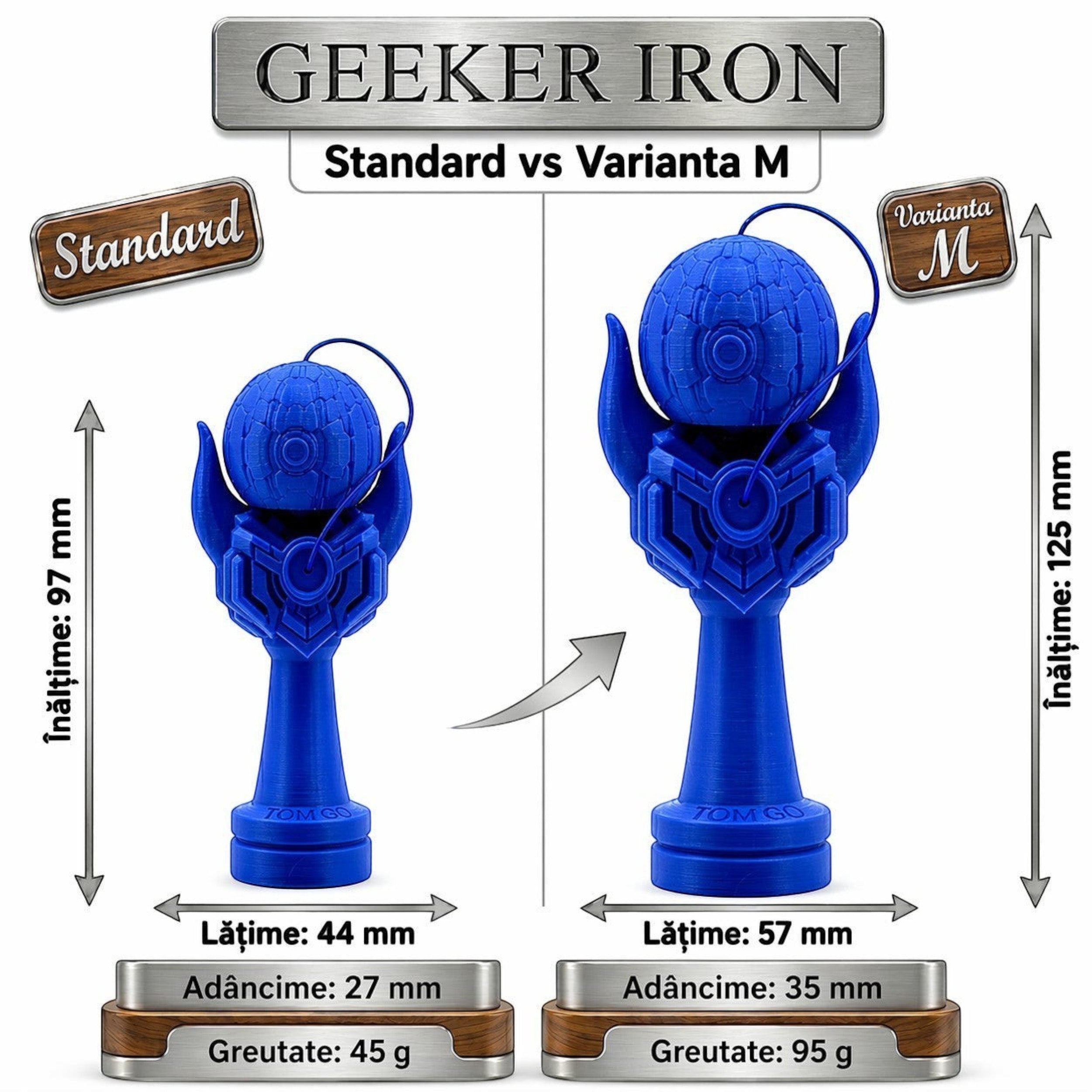 Tom GO Geeker Iron M kendama, blue, with detailed cup design and unique handle. Compared to standard version.