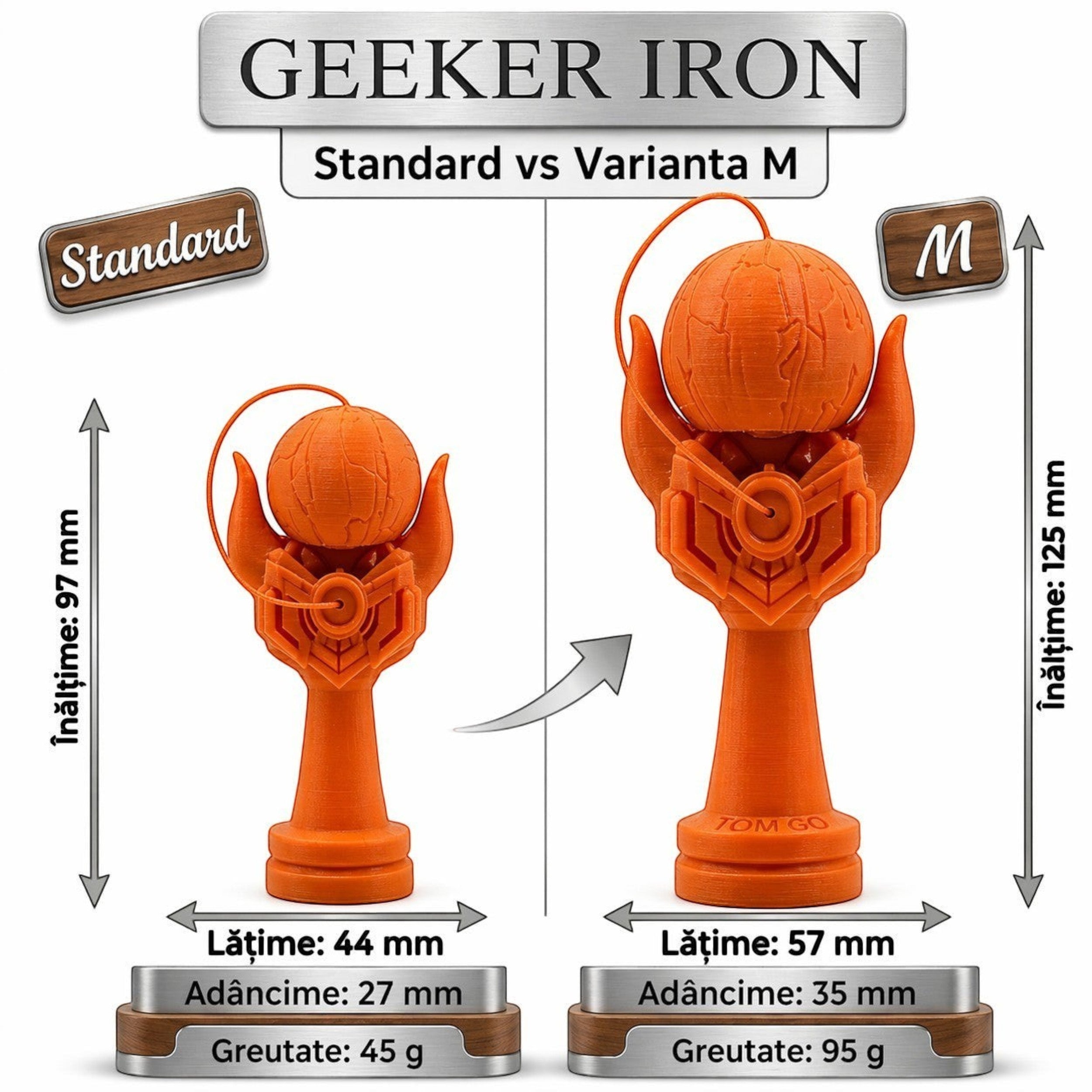Tom GO Geeker Iron M kendama, orange, 125mm tall, with detailed globe cup and intricate handle design.