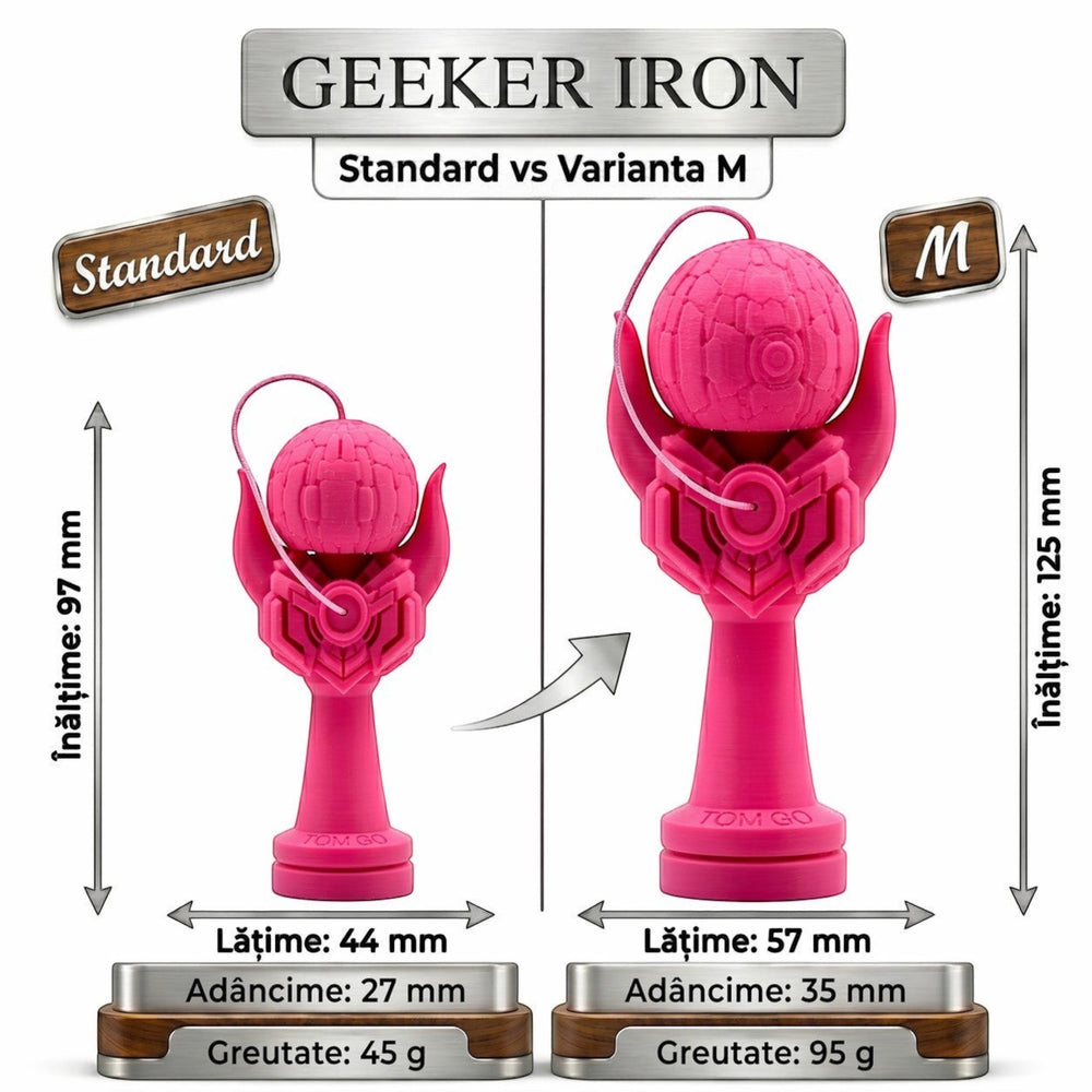 Tom GO Geeker Iron M kendama in bright pink, featuring a unique armored design with detailed cups and a textured tama.