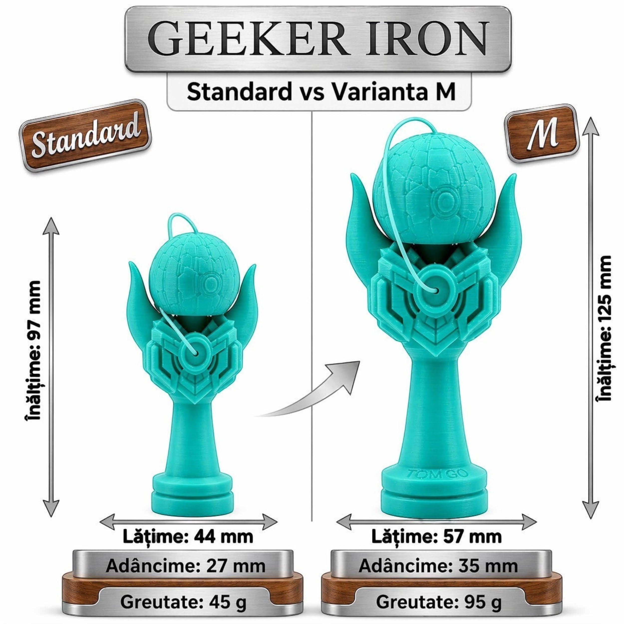 Tom GO Geeker Iron M kendama toy in teal, designed for precision and control, with detailed cup and spike.