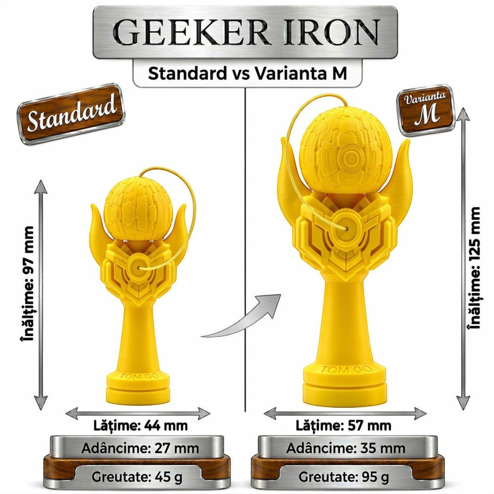 Tom GO Geeker Iron M kendama, yellow, with detailed design. Shows size comparison to standard model.