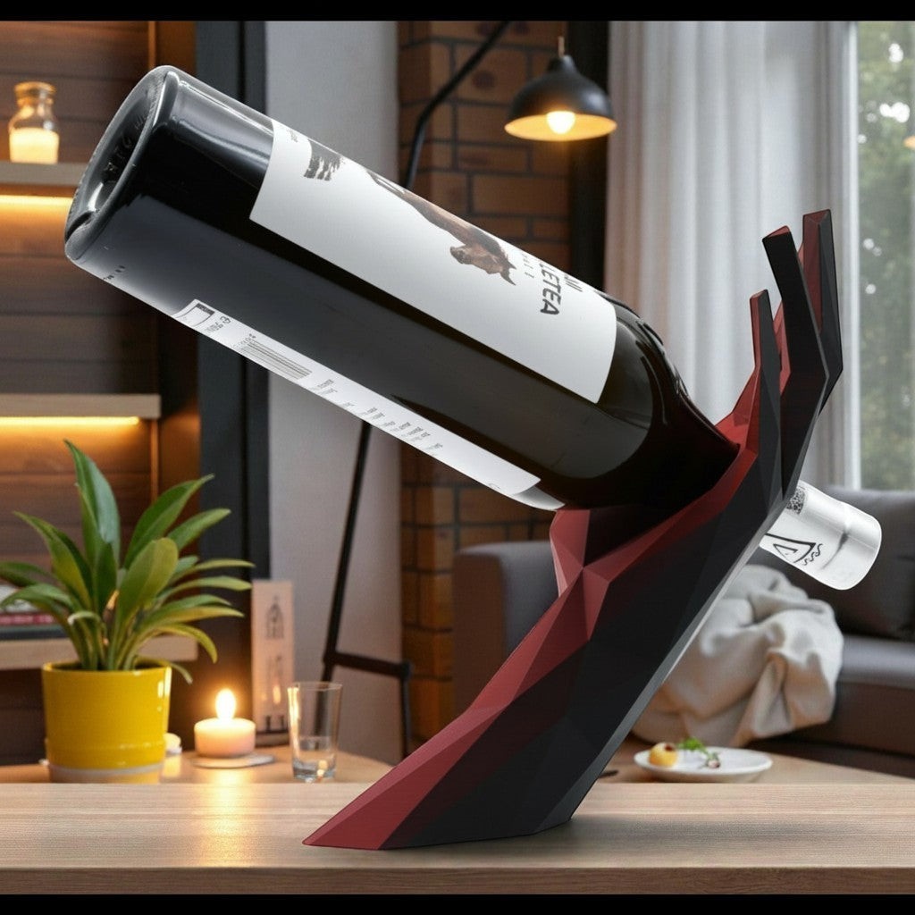 Tom GO modern geometric wine bottle holder in black and red acrylic, shaped like a hand.