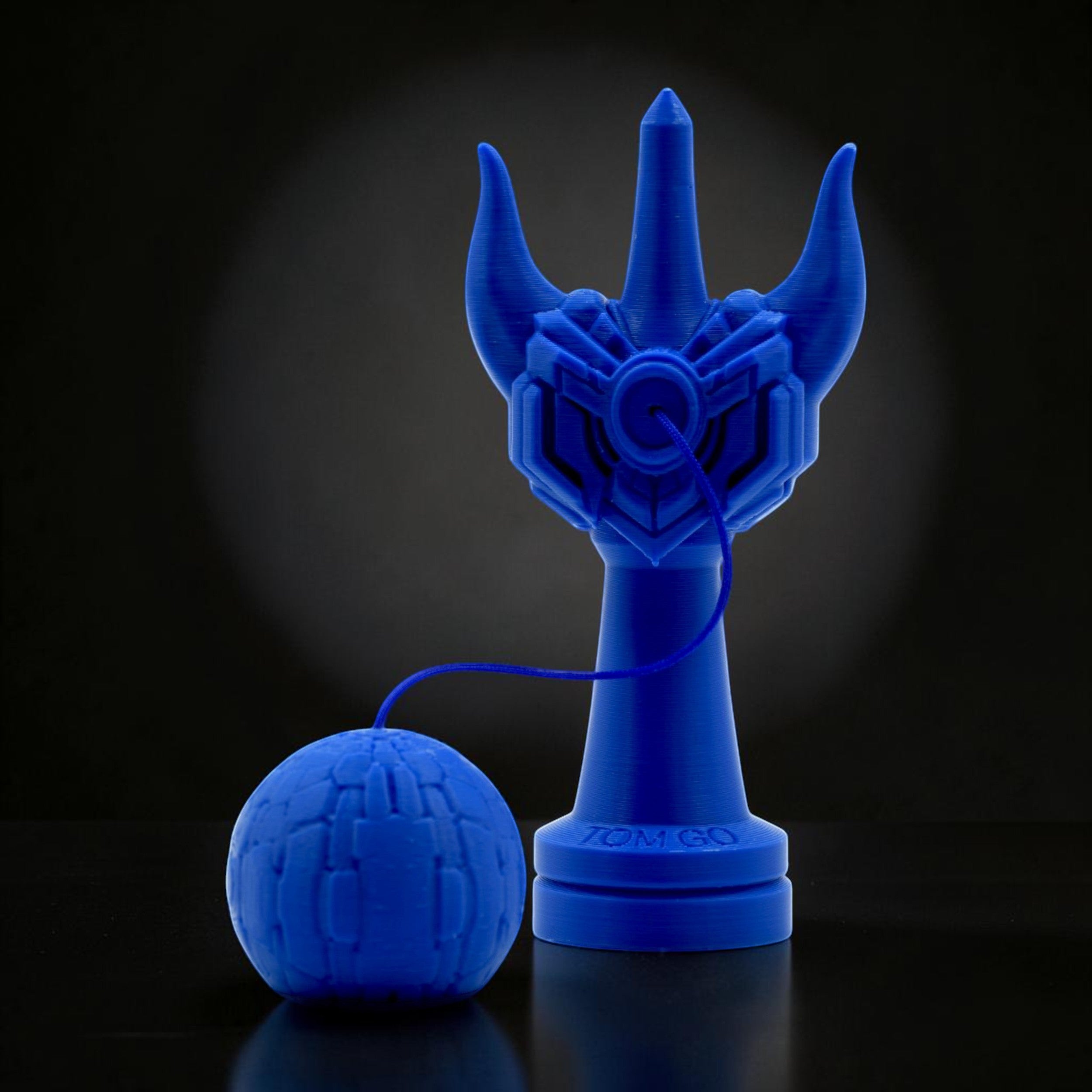 Tom GO Kendama Geeker Iron M, blue 3D printed kendama with a unique, armored design and a textured tama.
