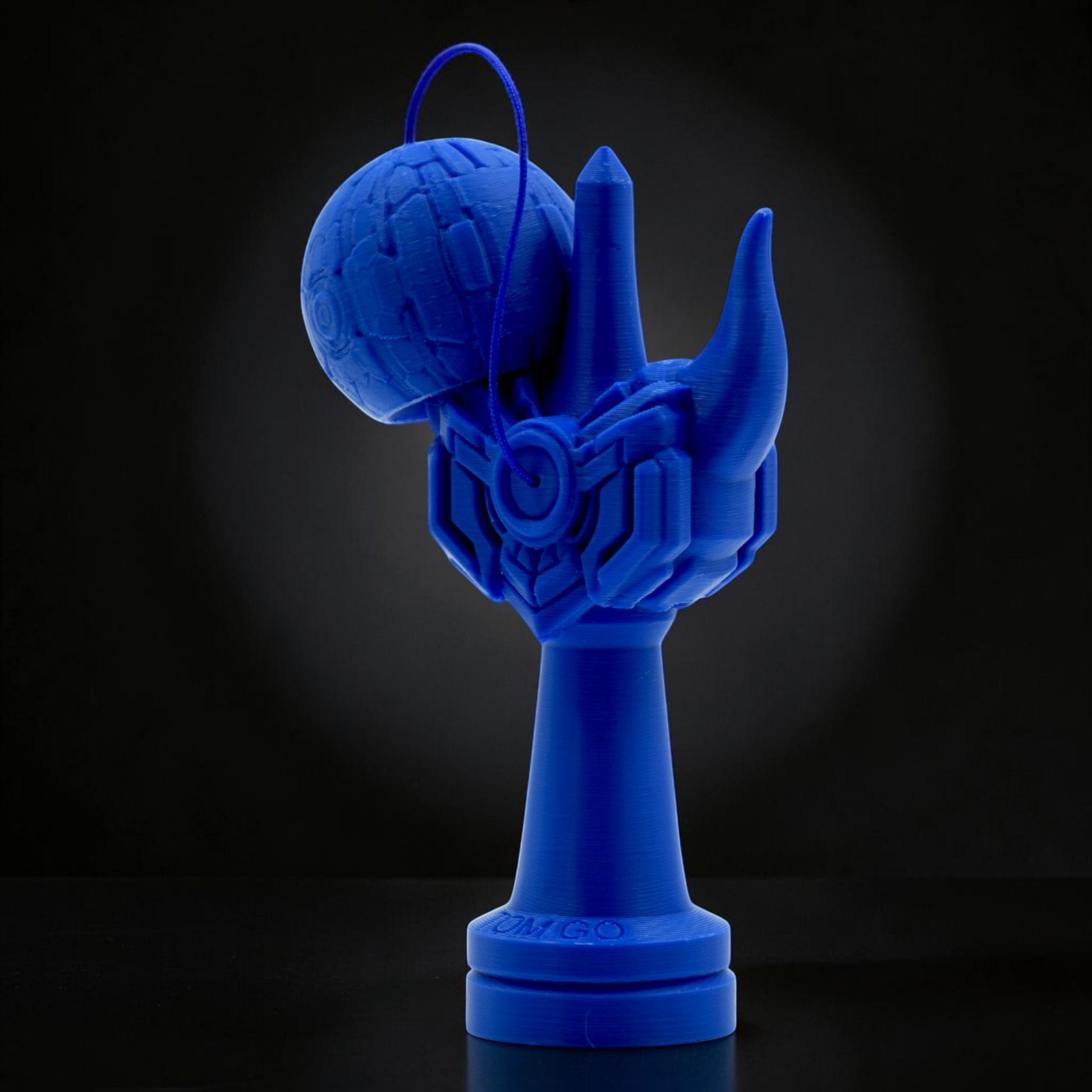Tom GO Kendama Geeker Iron M, a blue 3D printed kendama with a futuristic, armored design and intricate details.