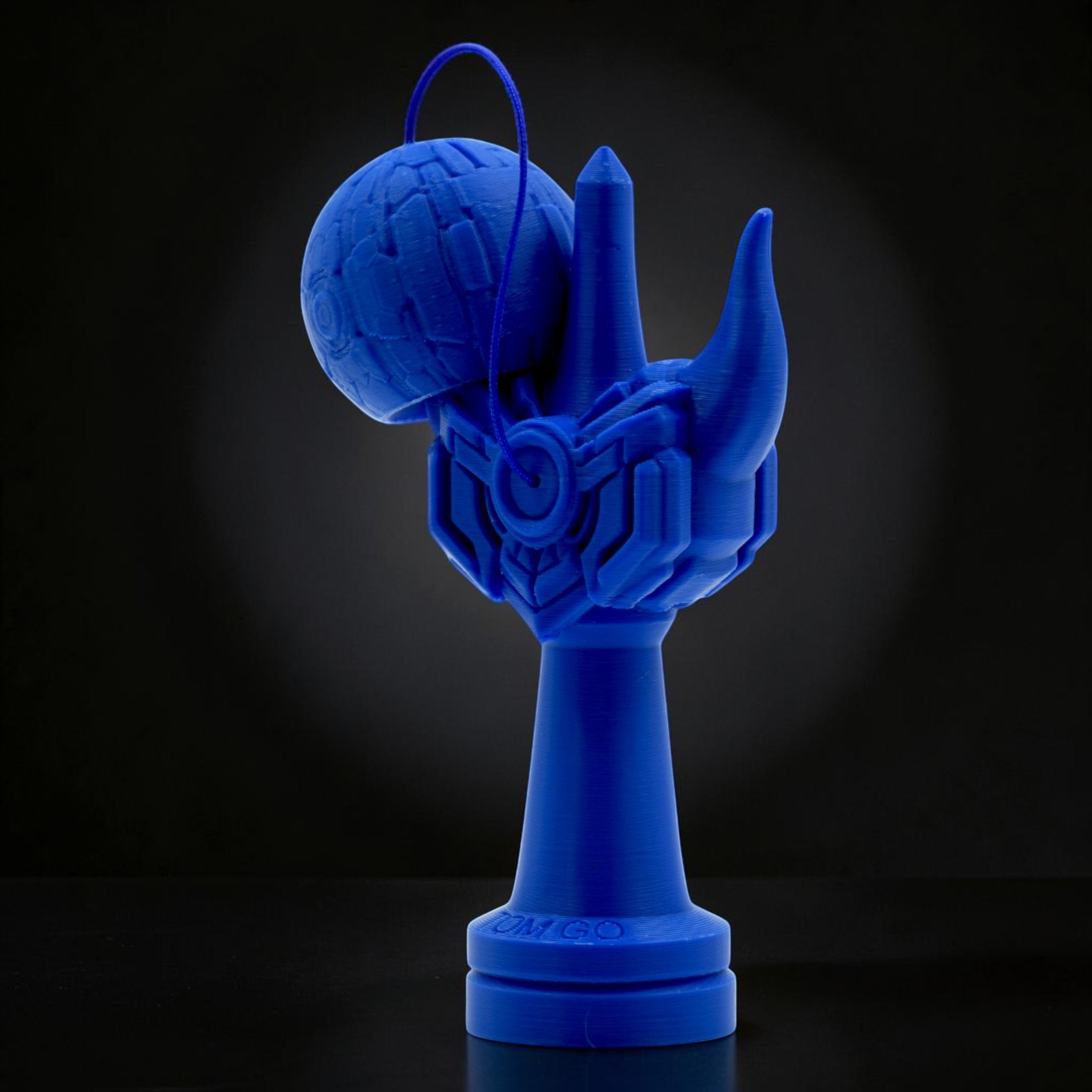 Tom GO Kendama Geeker Iron M, a blue 3D printed kendama with a futuristic, armored design and intricate details.