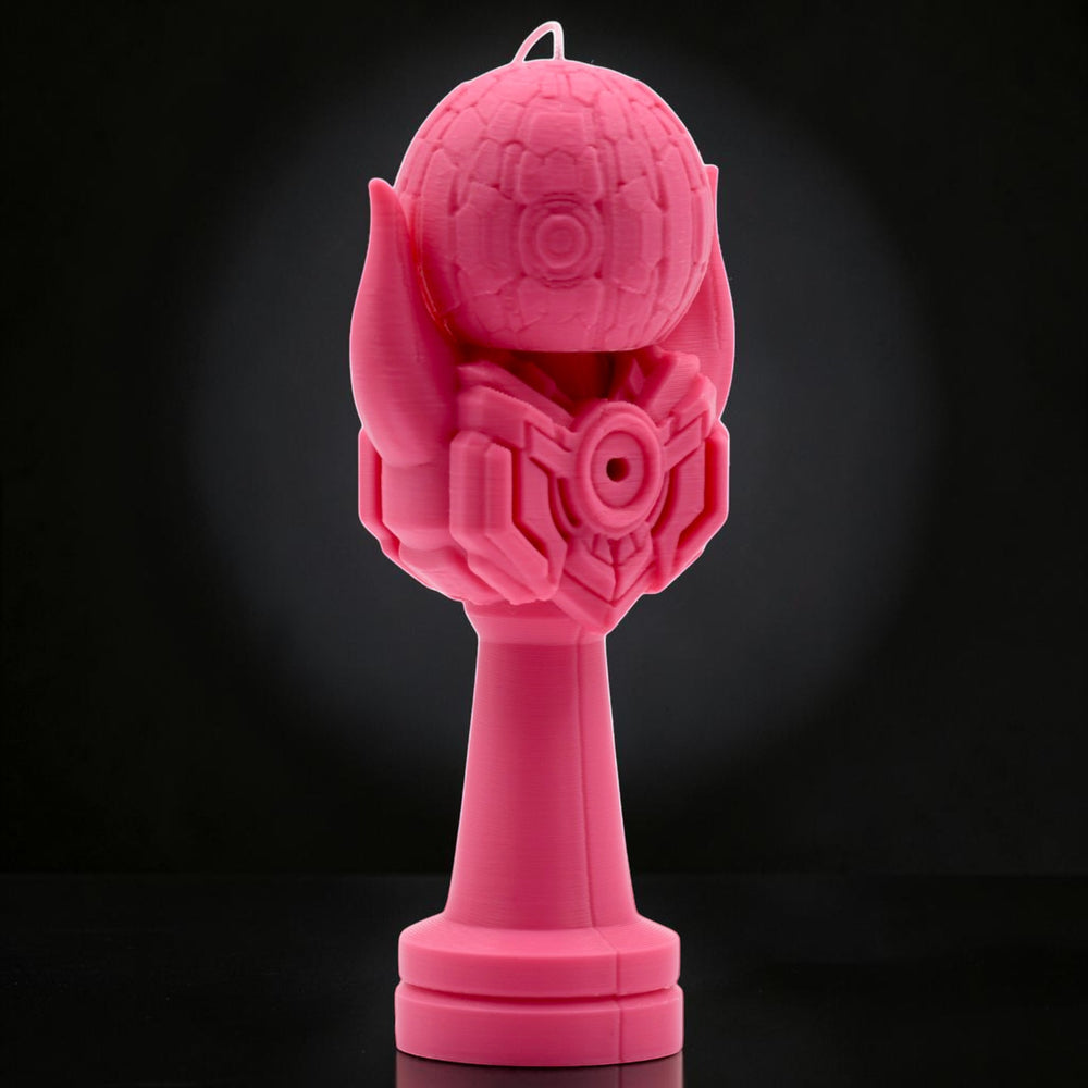 Tom Go Kendama Geeker Iron M, a pink, intricately designed kendama with a robotic hand holding a patterned ball. Perfect for advanced players.