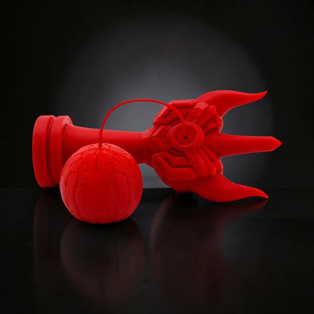 Kendama Geeker Iron S roșu, din plastic, cu design futurist, ideal pentru jucători avansați.
