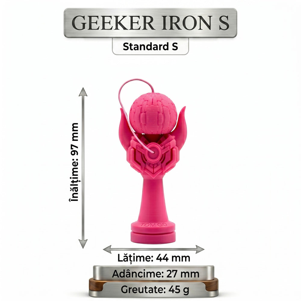 Kendama Geeker Iron S roz, din plastic, cu design futurist, 97mm înălțime, 44mm lățime, 27mm adâncime, 45g greutate.