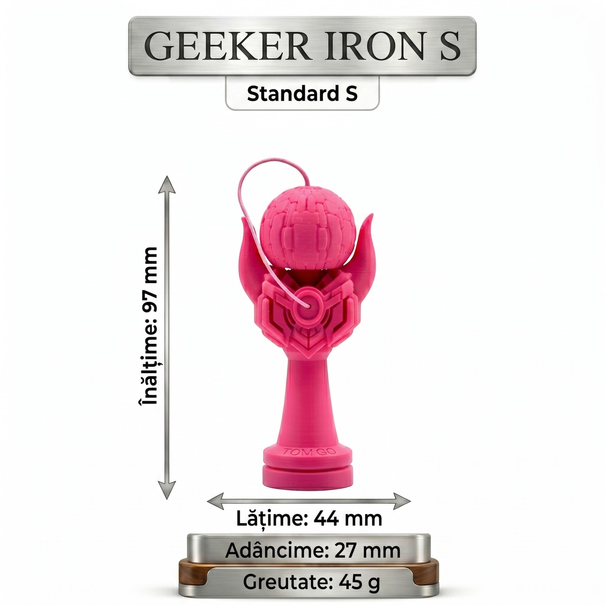 Kendama Geeker Iron S roz, din plastic, cu design futurist, 97mm înălțime, 44mm lățime, 27mm adâncime, 45g greutate.