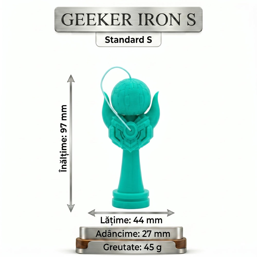 Kendama Geeker Iron S, turcoaz, cu șnur alb, design futurist, dimensiuni 97x44x27 mm, greutate 45g.