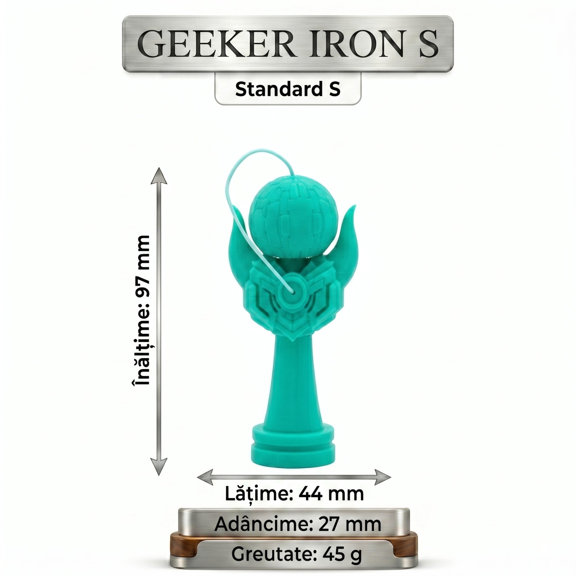 Kendama Geeker Iron S, turcoaz, cu șnur alb, design futurist, dimensiuni 97x44x27 mm, greutate 45g.