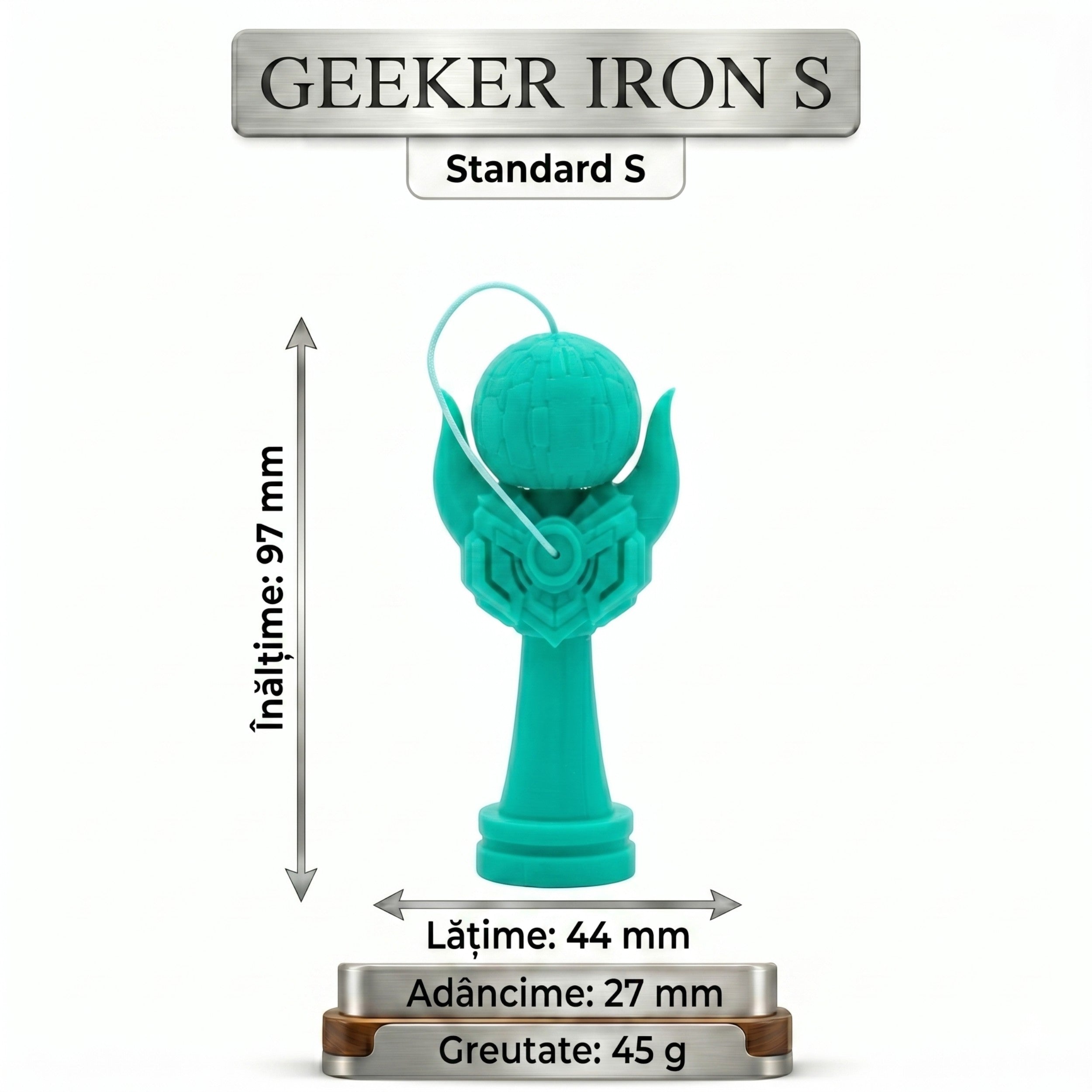 Kendama Geeker Iron S, turcoaz, cu șnur alb, design futurist, dimensiuni 97x44x27 mm, greutate 45g.