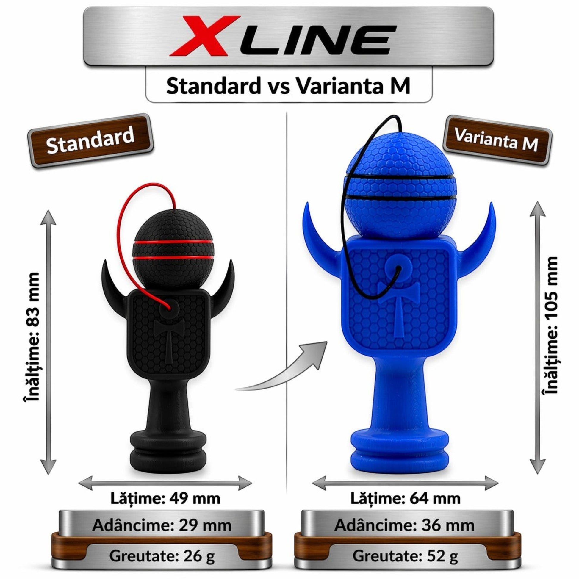Tom GO Kendama Geeker XLine M albastru, din plastic rezistent, cu bilă texturată și șnur negru. Dimensiuni: 105 mm înălțime.