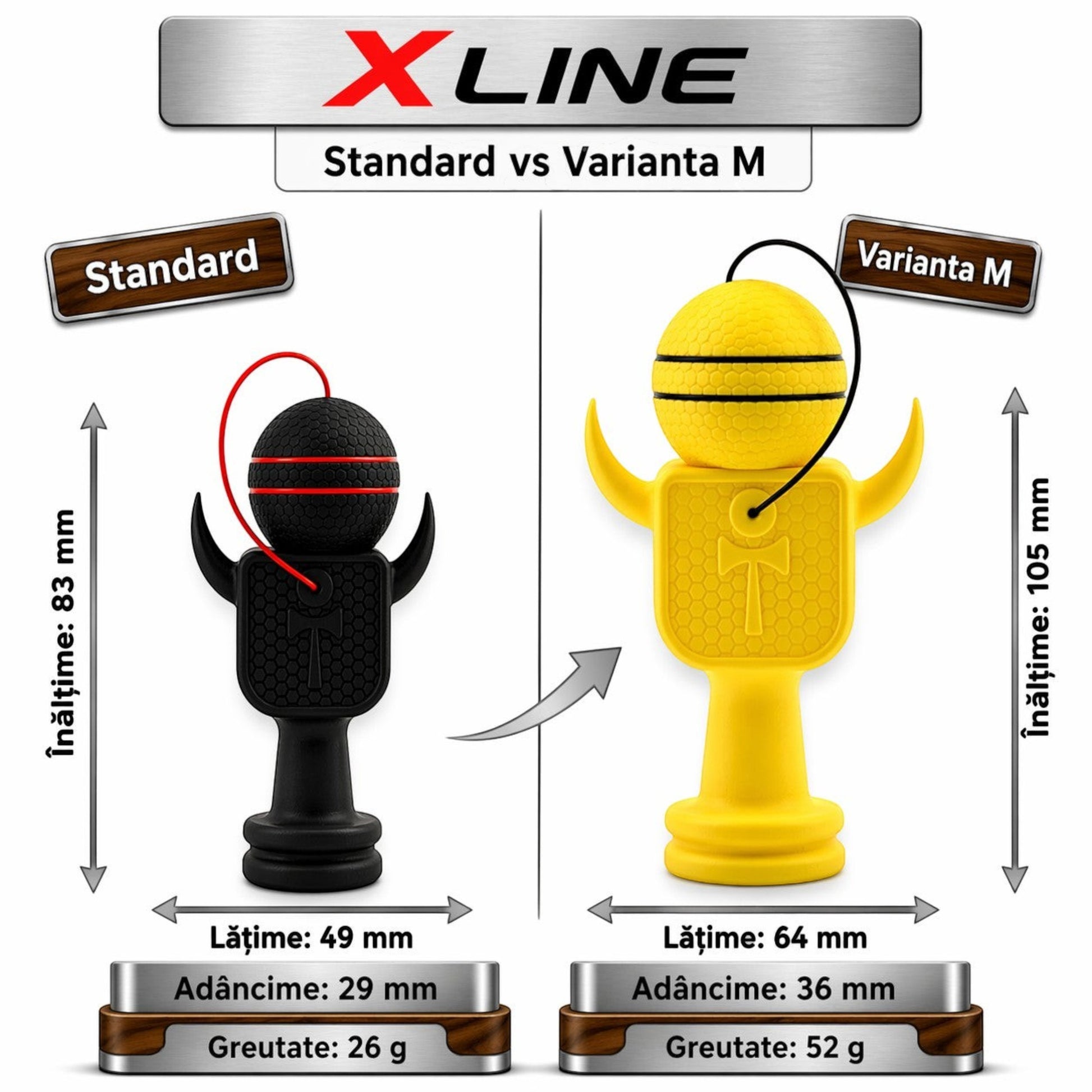Tom GO Kendama Geeker XLine M galben, rezistent la căderi, cu dimensiuni 105 mm înălțime, 64 mm lățime.