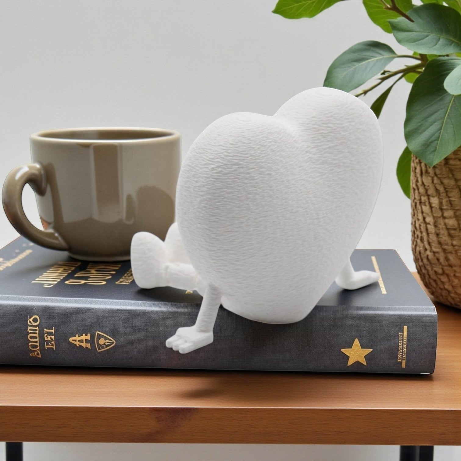 Tom GOH Mama heart figurine with articulated legs, textured white finish, sitting on a book.
