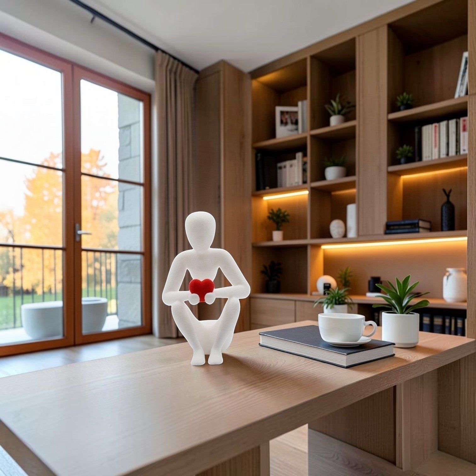 Tom GOH abstract white figurine holding a red heart, seated in a contemplative pose. Modern decor.