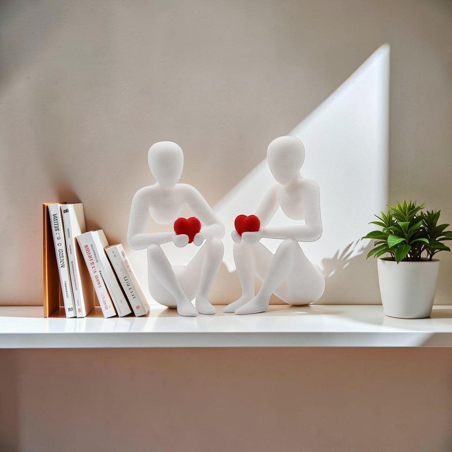 Tom GOH Abstract white figures holding red hearts sculpture, minimalist decor, symbol of love and self-care.