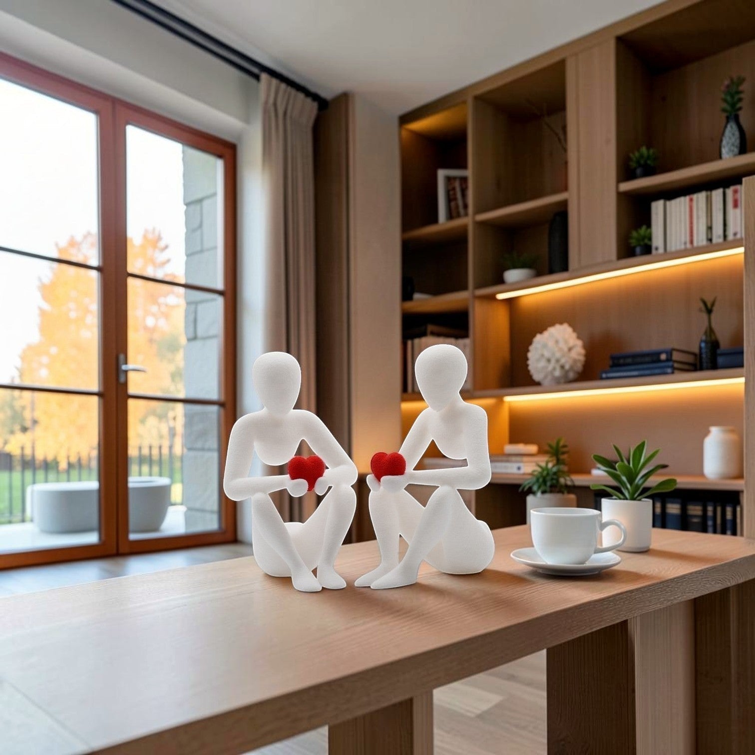 Tom GOH abstract white figurine holding red heart, seated contemplative pose, modern decor accent.