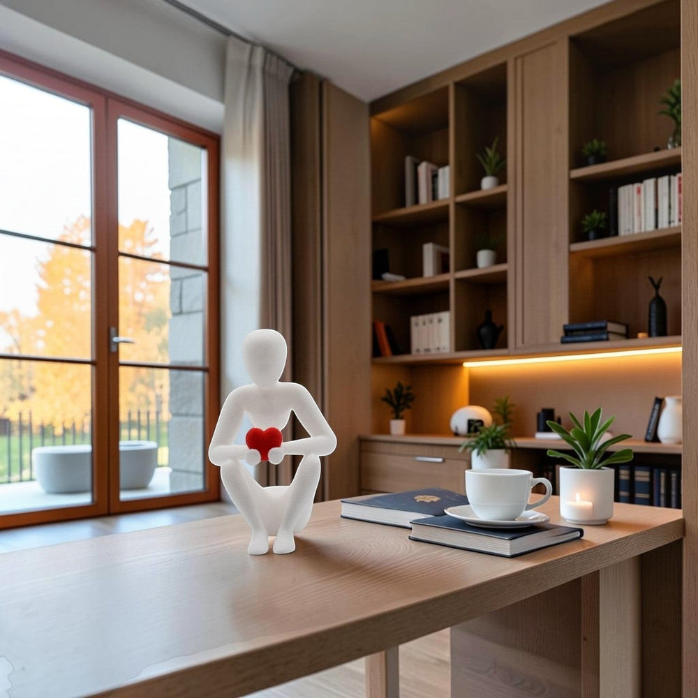 Tom GOH abstract white figurine holding a red heart, seated in a contemplative pose.