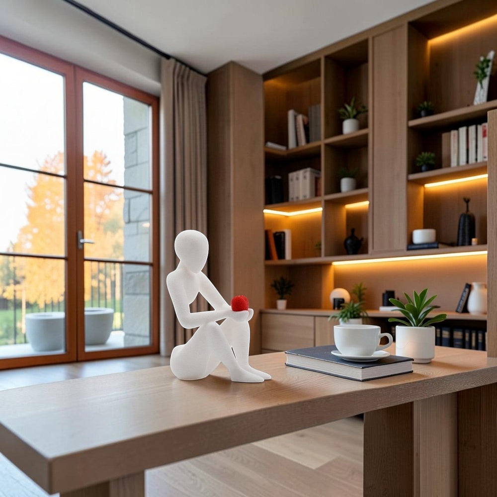 Tom GOH abstract white figurine holding a red heart, seated in a contemplative pose. Modern decor.