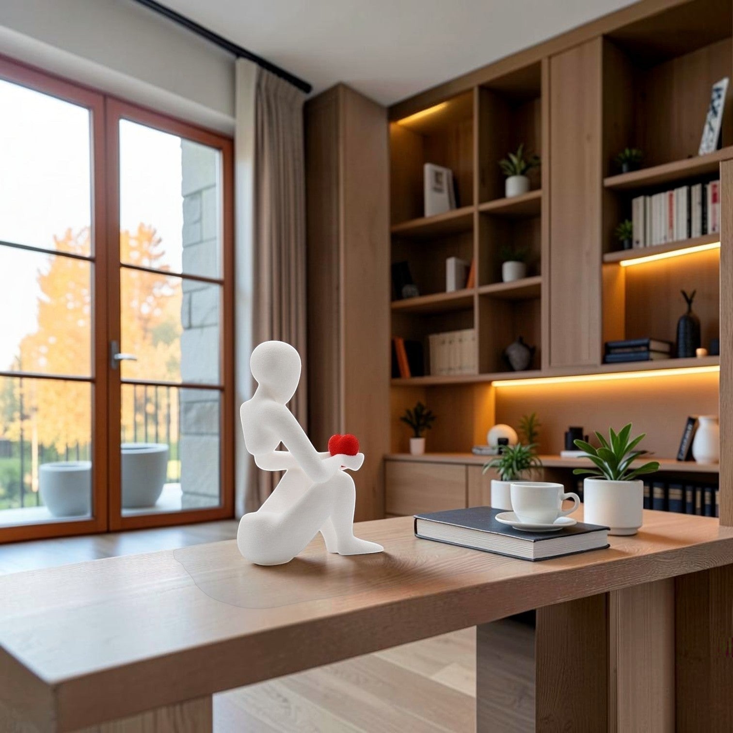 Tom GOH abstract white figurine holding a red heart, seated in a contemplative pose. Modern decor.