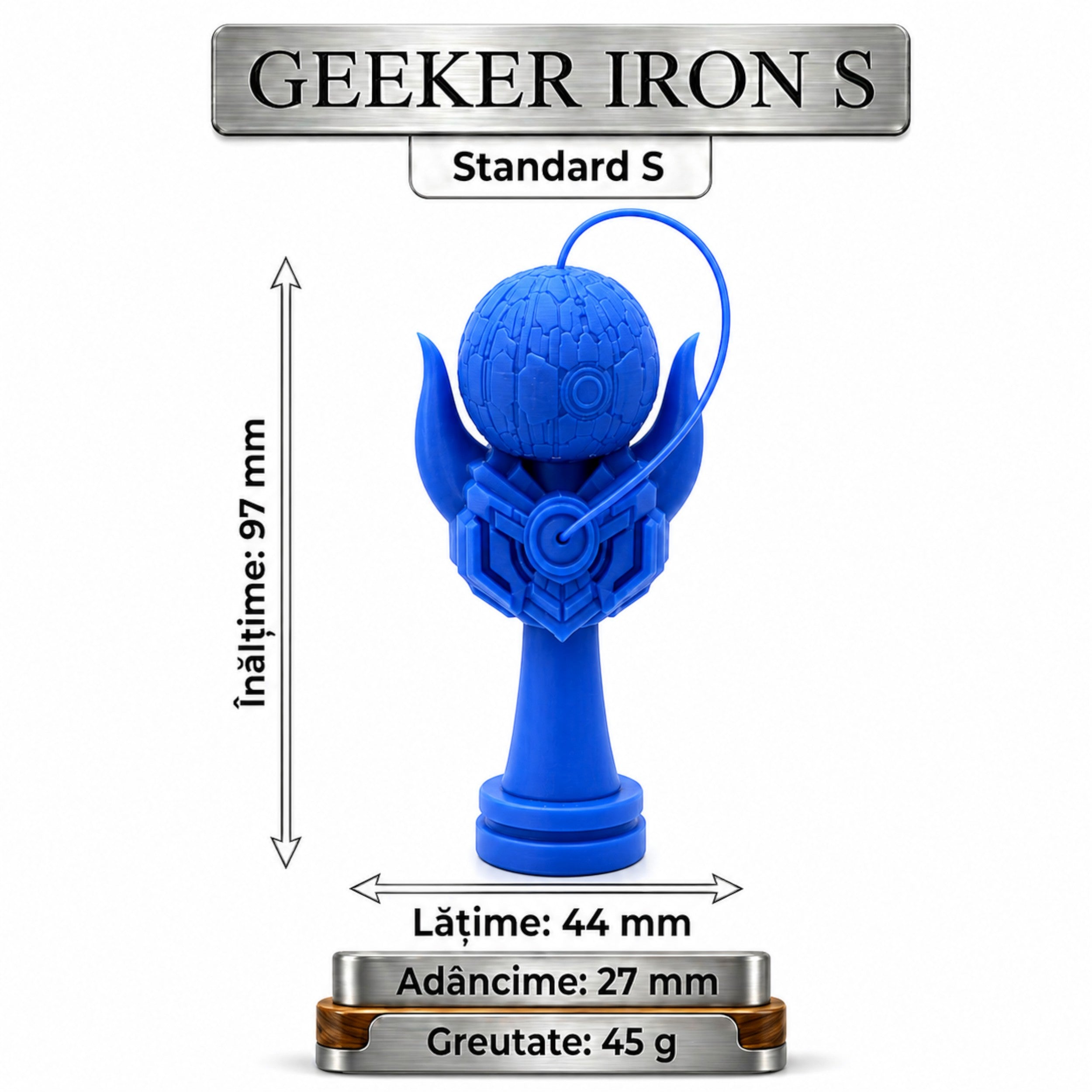 Tom GEEKER IRON S kendama albastră, din plastic, cu design futurist, 97 mm înălțime.