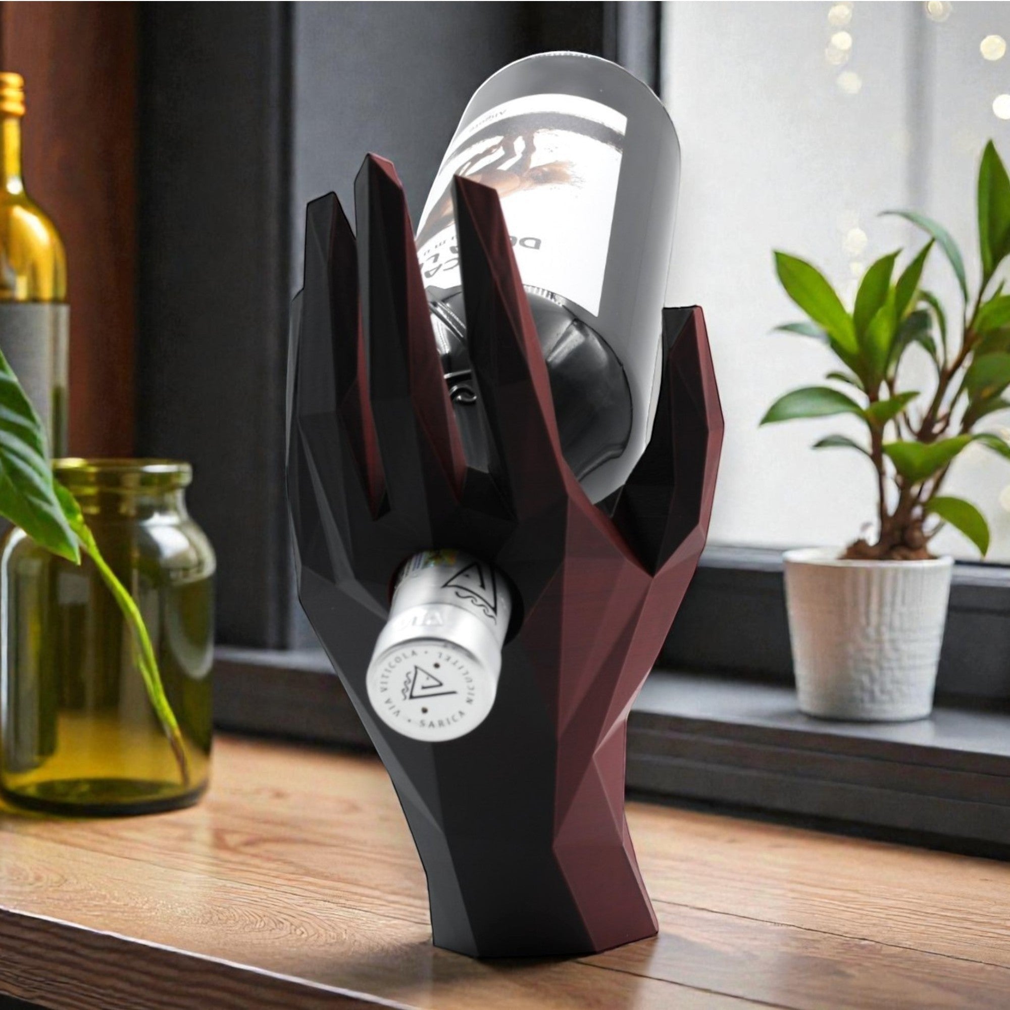 Tom GOH Modern Geometric Hand Wine Bottle Holder Stand in black and red acrylic.