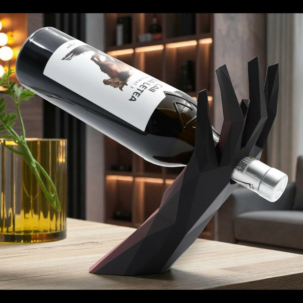 Tom GOH Modern Geometric Wine Bottle Holder Stand, black and red acrylic, hand shape cradles bottle.