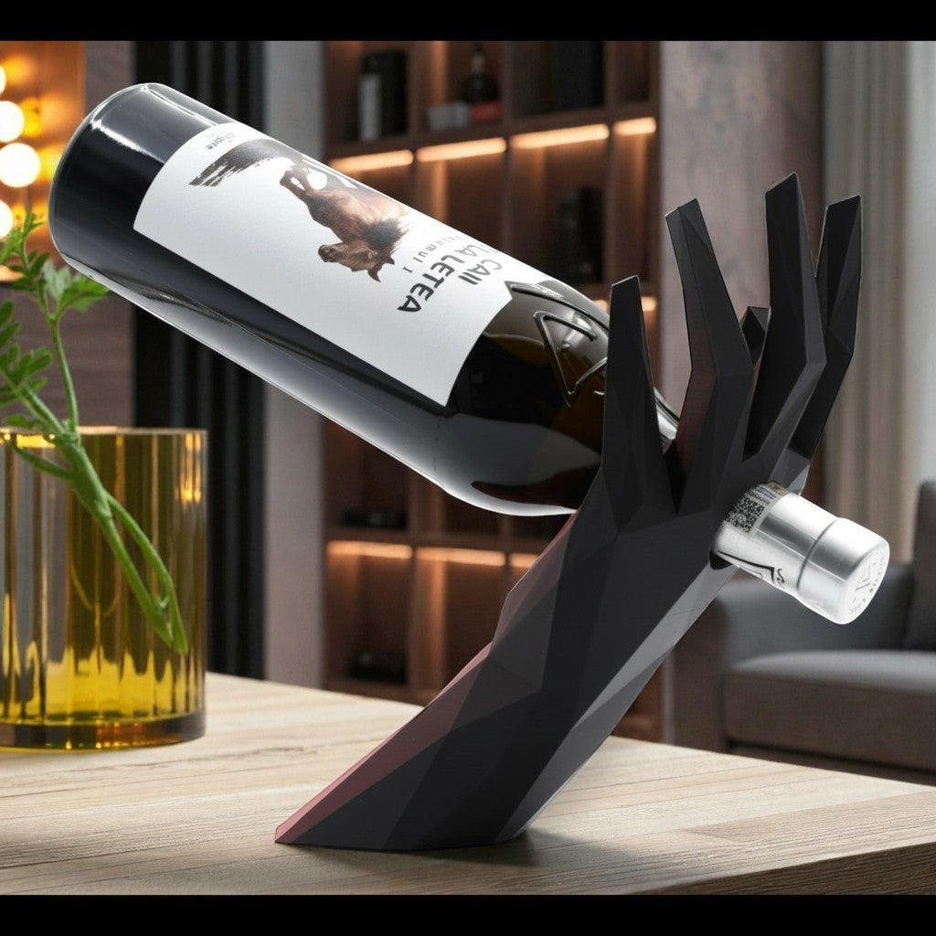 Tom GOH Modern Geometric Wine Bottle Holder Stand, black and red acrylic, hand shape cradles bottle.