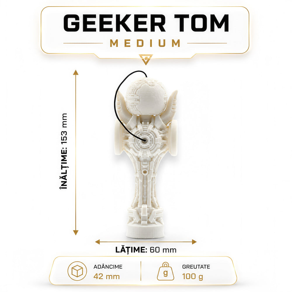 Tom GOH Kendama Geeker TOM Angel, a white, intricately designed skill toy with geometric patterns and a futuristic aesthetic.