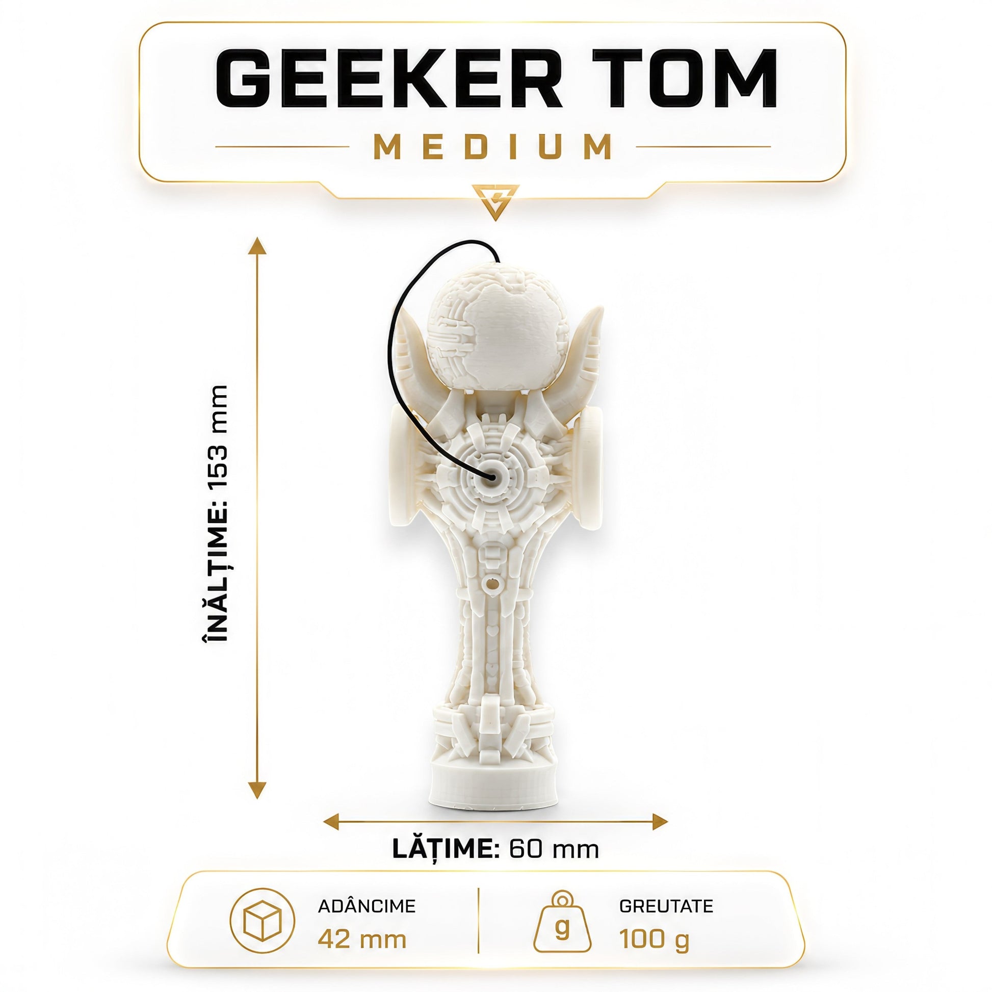 Tom GOH Kendama Geeker TOM Angel, a white, intricately designed skill toy with geometric patterns and a futuristic aesthetic.
