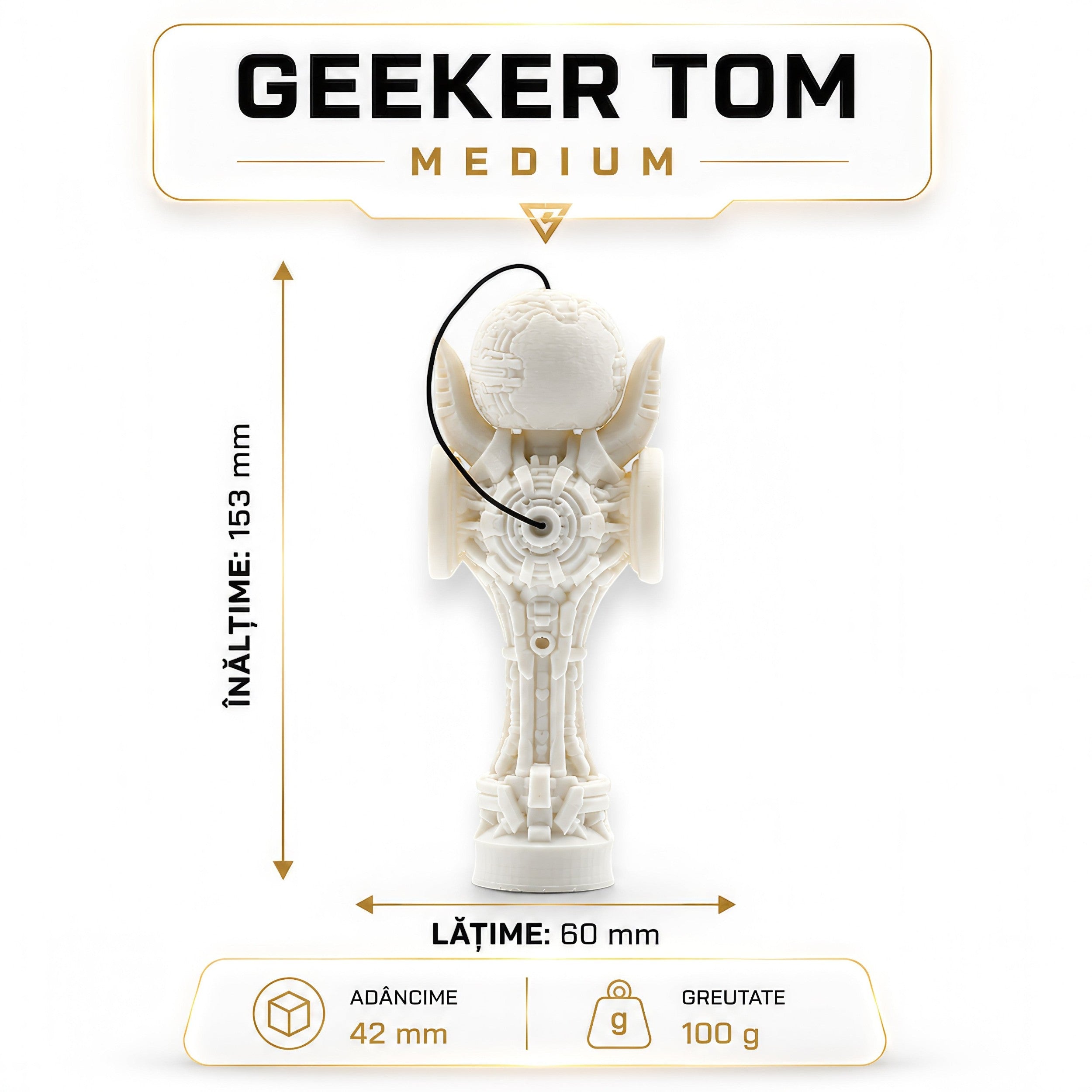 Tom GOH Kendama Geeker TOM Angel, a white, intricately designed skill toy with geometric patterns and a futuristic aesthetic.