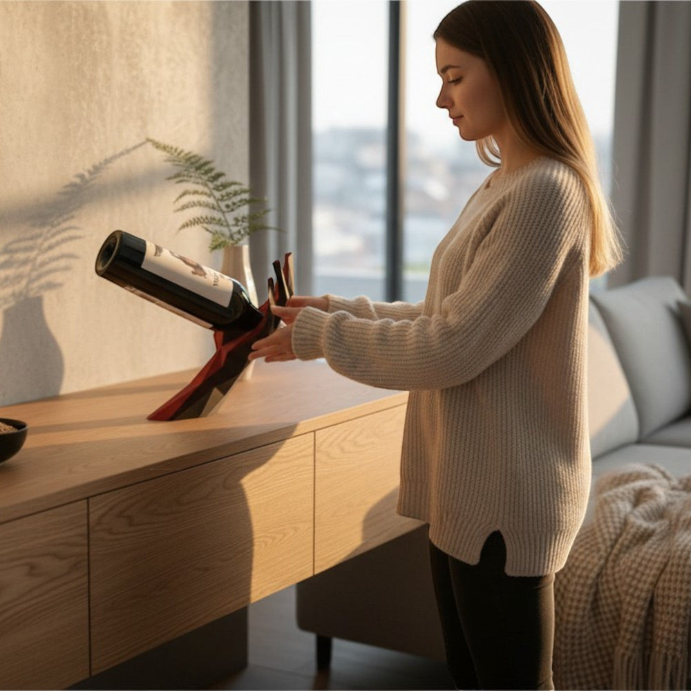 Tom GOHere modern geometric wine bottle holder in black and red acrylic, shaped like a hand.